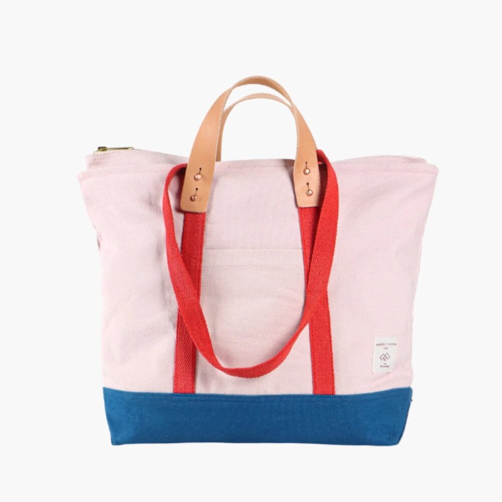 Pink Canvas Tote with Blue Base and Red Straps